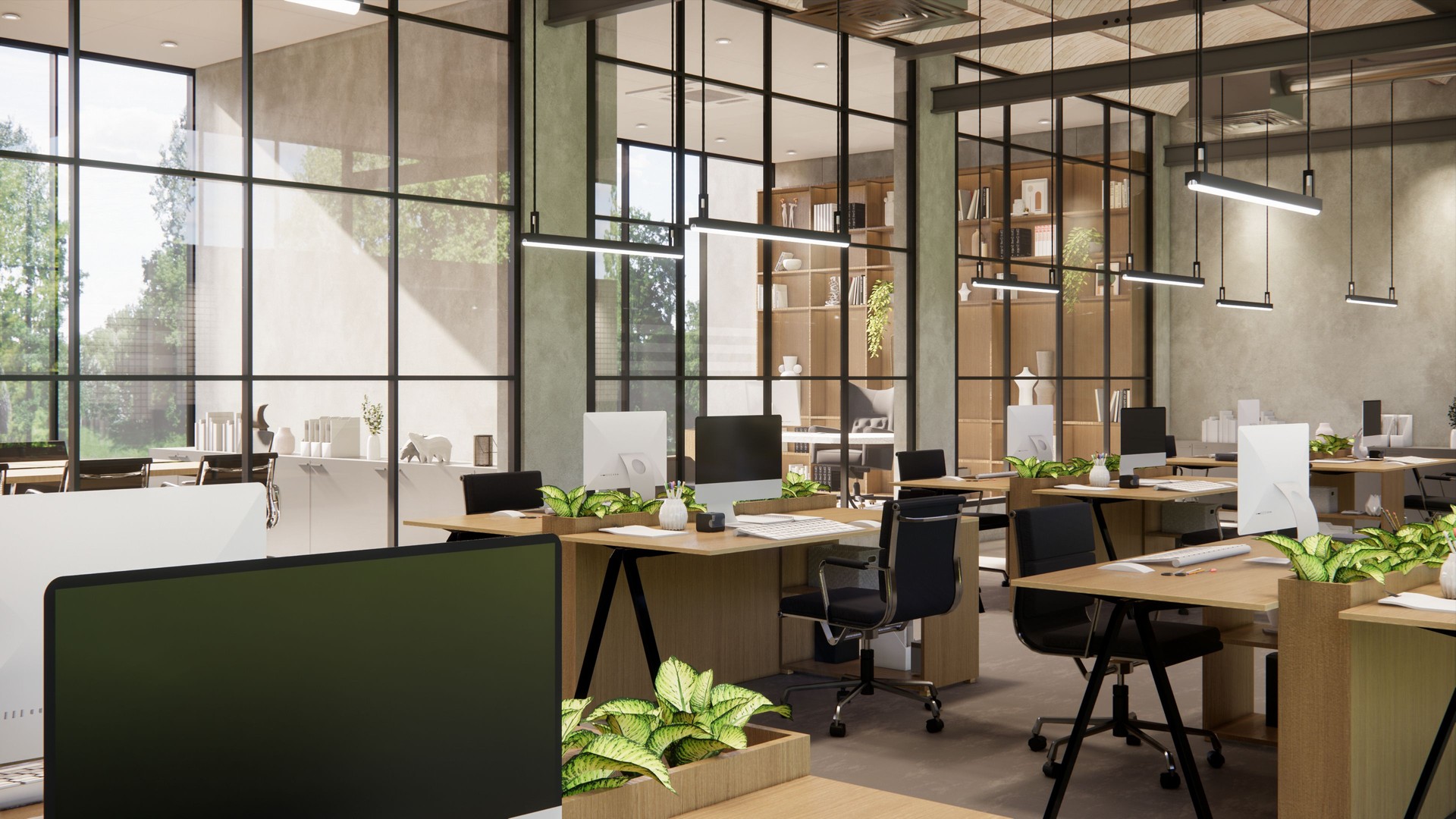 Interior Empty Modern Loft Office open space modern office footage.Modern open concept Lobby and reception area meeting room design.3d Rendering .
